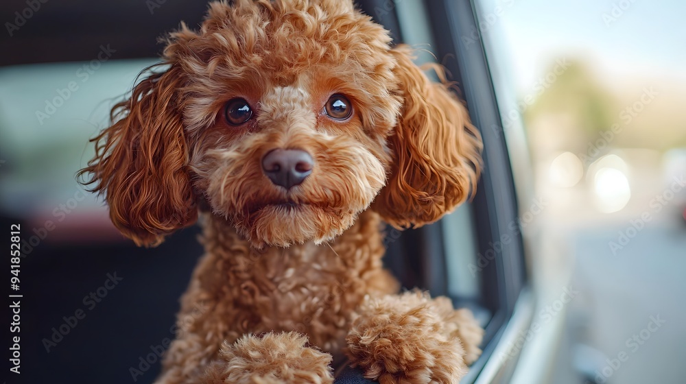 Adorable fluffy brown poodle looking out of a car window on a sunny day. Adorable fluffy brown poodle looking out of a car window on a sunny day.