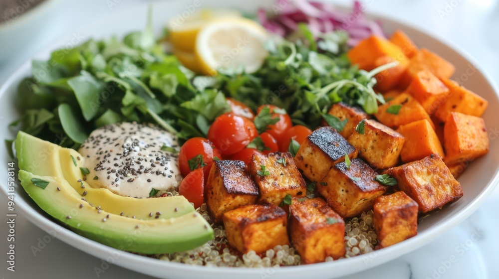 A beautifully arranged vegan meal featuring a quinoa salad bowl, filled with a variety of colorful vegetables like cherry tomatoes, avocado slices, roasted sweet potatoes, and mixed greens. Topped A beautifully arranged vegan meal featuring a quinoa salad bowl, filled with a variety of colorful vegetables like cherry tomatoes, avocado slices, roasted sweet potatoes, and mixed greens. Topped