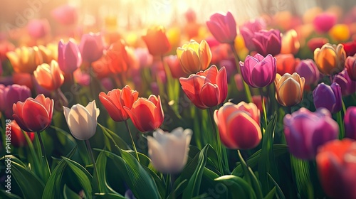 Detailed shot of a field of tulips in various colors, creating a picturesque and lively floral landscape