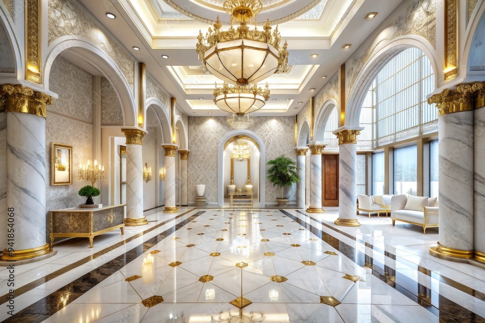 Fototapeta premium Opulent Serenity: White, Tile, Gold, Marble, Grand