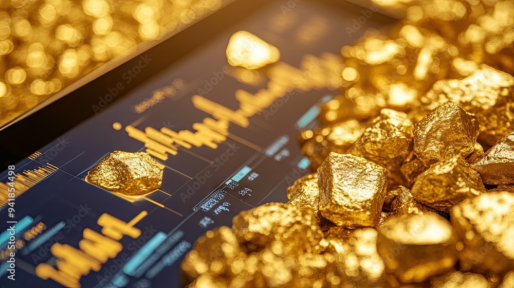 Detailed shot of a gold market analysis chart with clear trends and financial metrics displayed on a tablet screen Detailed shot of a gold market analysis chart with clear trends and financial metrics displayed on a tablet screen
