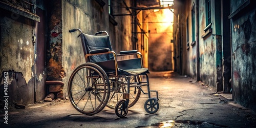 A worn, rusty wheelchair sits alone in a dimly lit, cracked concrete alleyway, symbolizing disability, isolation, and neglect in a faded urban landscape. photo