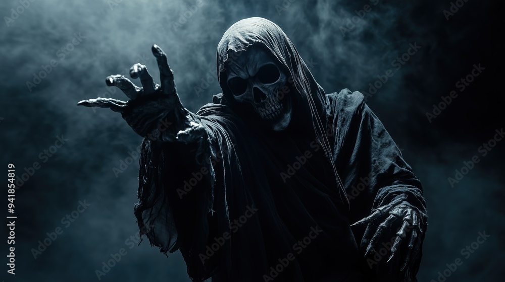 The grim reaper reaching towards the camera over black background The grim reaper reaching towards the camera over black background