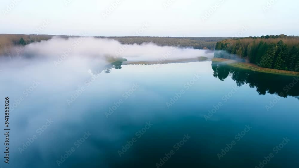 Aerial View of Misty Lake Surrounded by Dense Pine Forest and Bare Trees During Early Morning Fog Aerial View of Misty Lake Surrounded by Dense Pine Forest and Bare Trees During Early Morning Fog