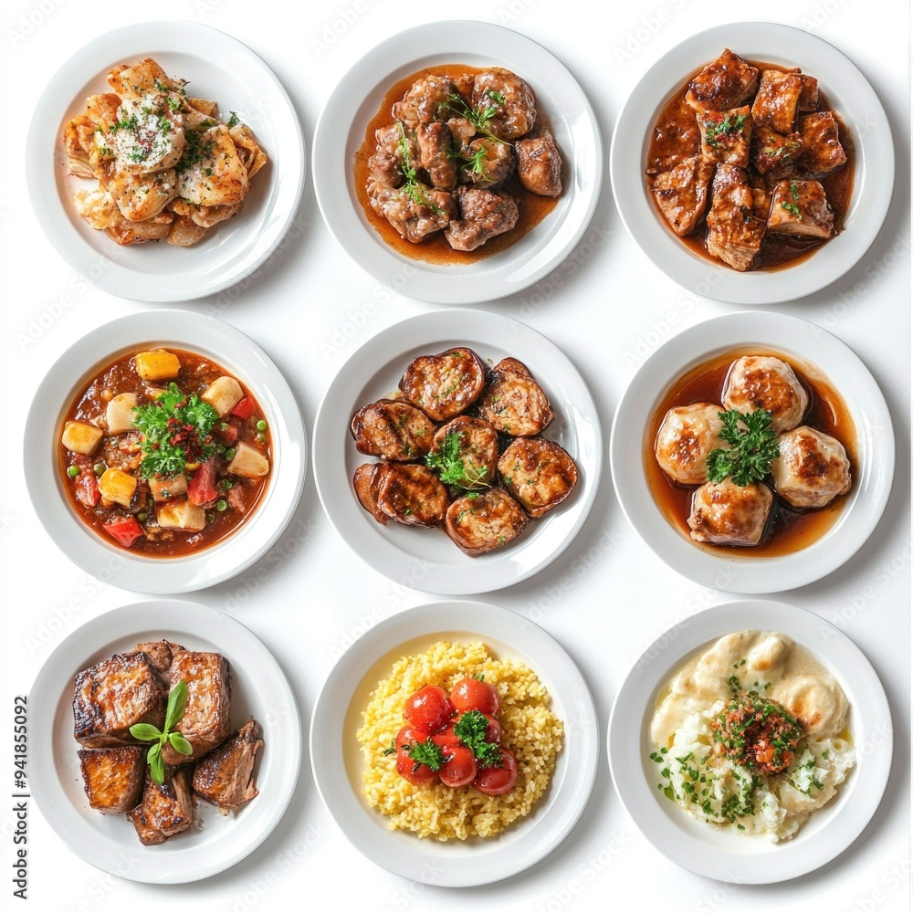 Nine plates presenting variety of delicious meat dishes with side dishes on white background Nine plates presenting variety of delicious meat dishes with side dishes on white background