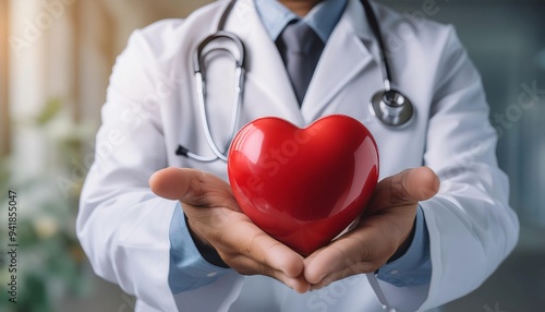 Doctor holding heart. Cardiologist doctor holding a red heart in his hands , cardiac disease or heart failure concept.