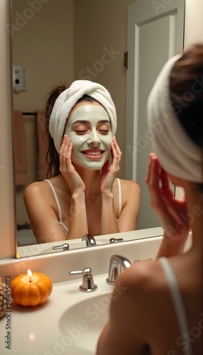 A woman applying a hydrating face mask in a bathroom, enjoying a moment of self-care and relaxation with a soothing atmosphere