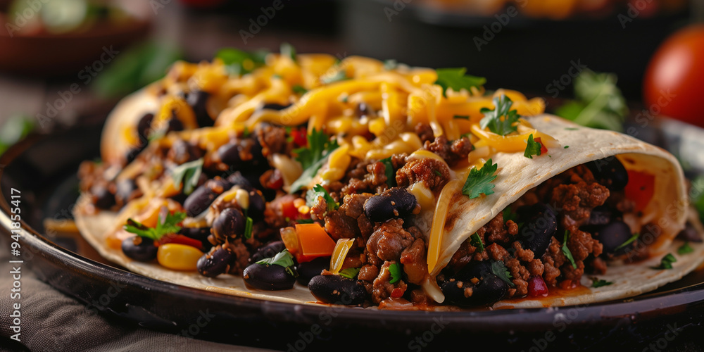 Cinematic close-up of a burrito topped with ground beef, black beans, and cheese at a unique Mexican restaurant Cinematic close-up of a burrito topped with ground beef, black beans, and cheese at a unique Mexican restaurant