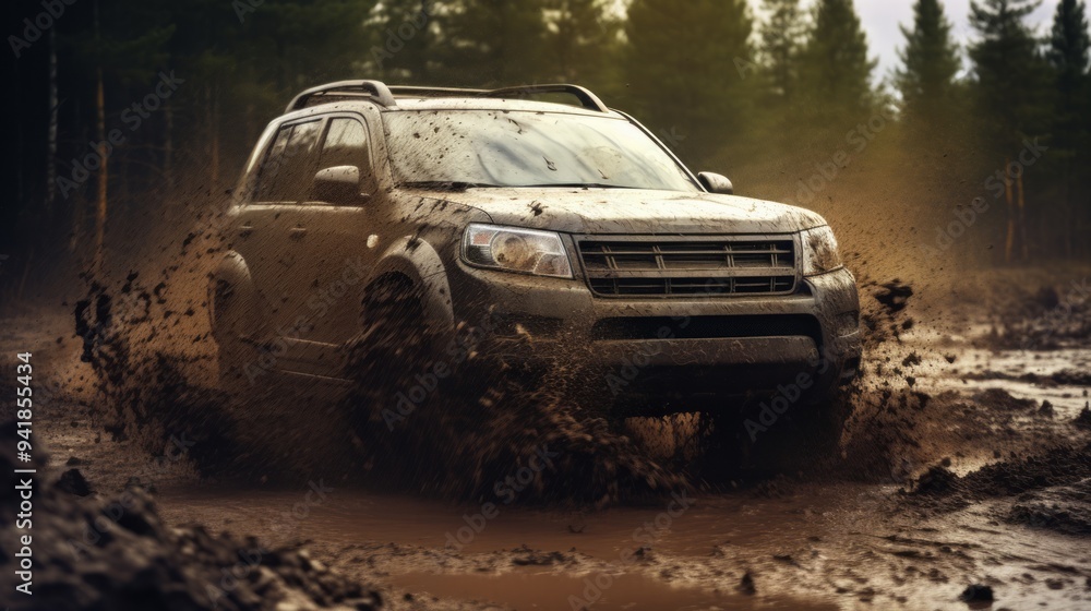 Obraz premium Off road suv car in muddy dirt track. Neural network ai generated art