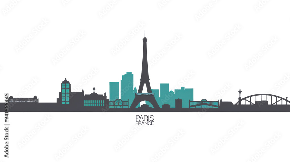 Obraz premium A minimalist vector illustration of the Paris France skyline in a white background. The design uses simple shapes and lines.