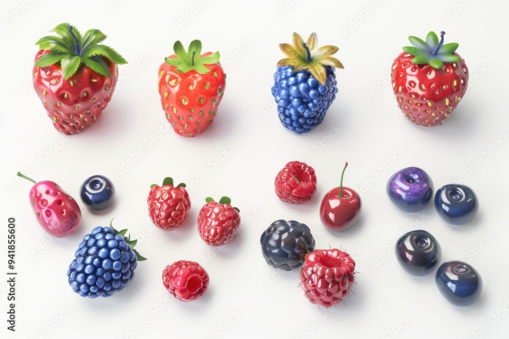 Fresh mixed berries arranged on a white surface Fresh mixed berries arranged on a white surface