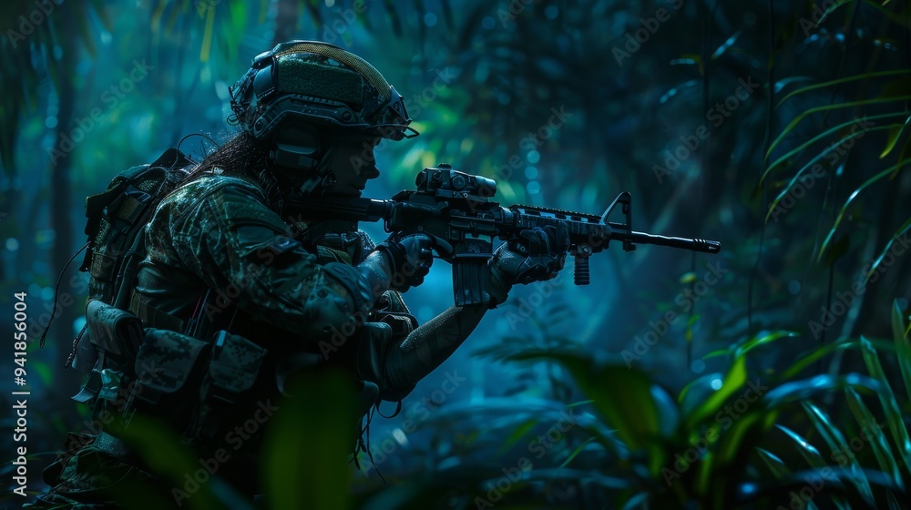 A heavily armed soldier with a rifle moves through a dense jungle environment during a tactical operation, maintaining high alert and readiness. A heavily armed soldier with a rifle moves through a dense jungle environment during a tactical operation, maintaining high alert and readiness.