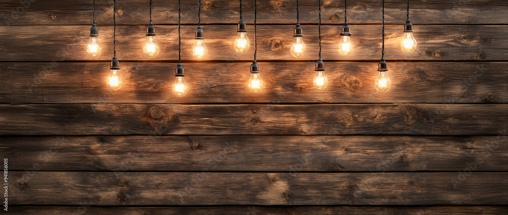Wooden background with light bulbs and copy space, photo on a dark brown wooden wall with hanging lights and a blank area for text or decoration. Wooden background with light bulbs and copy space, photo on a dark brown wooden wall with hanging lights and a blank area for text or decoration.