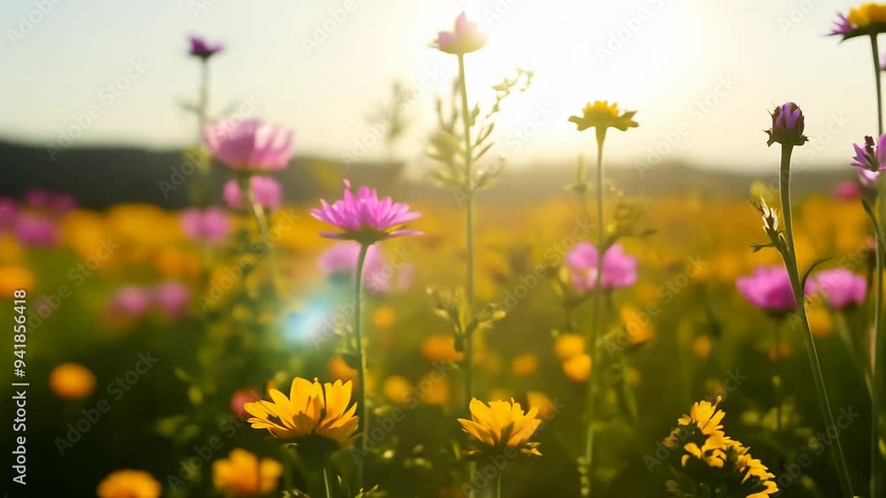 Vibrant Wildflower Field at Sunset with Blooming Pink and Yellow Flowers Vibrant Wildflower Field at Sunset with Blooming Pink and Yellow Flowers