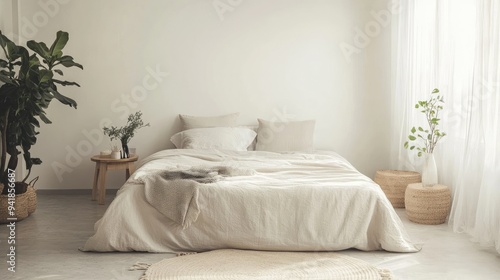 Detailed shot of a minimalist bedroom with a low-profile bed, simple bedding, and a serene, clutter-free atmosphere
