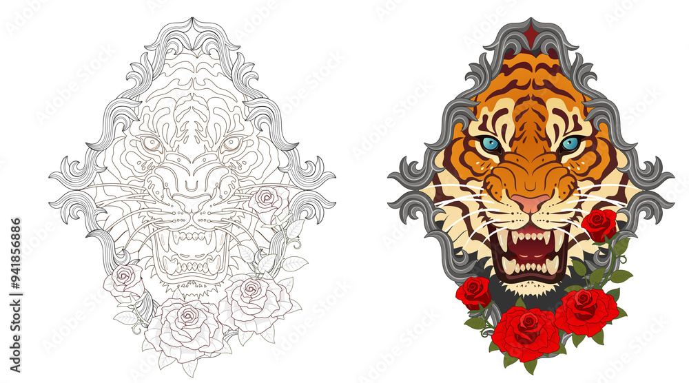Obraz premium Tiger face tattoo design, Japanese style irezumi tattoo concept. Line artwork included 건대타투 타투달 호랑이 문신도안