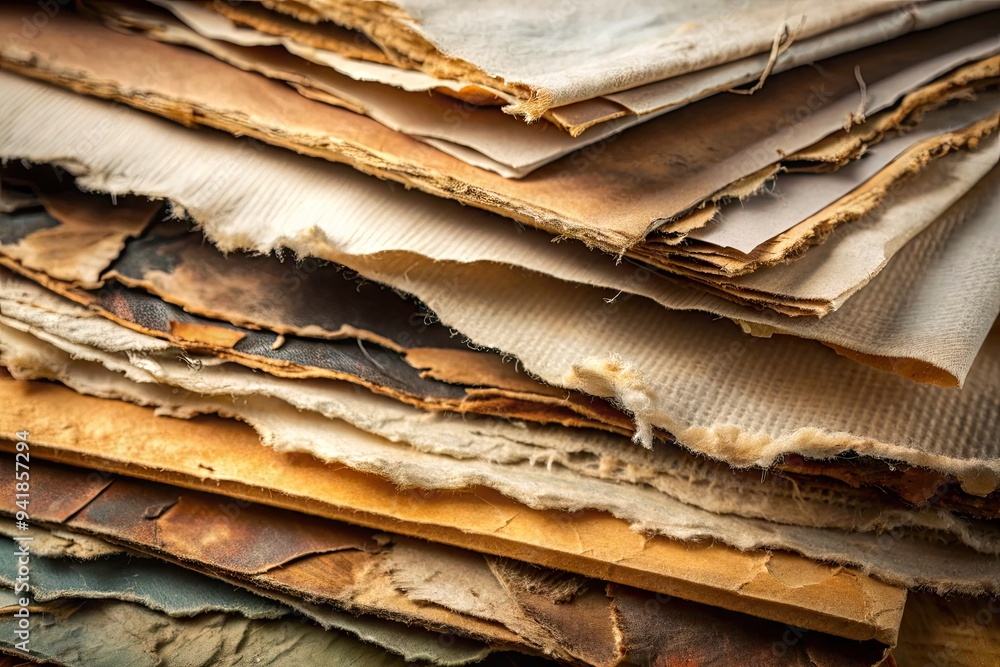 Papery Textures: Close-up of paper surfaces, wrinkled edges, torn corners, tactile textures, archival feel Papery Textures: Close-up of paper surfaces, wrinkled edges, torn corners, tactile textures, archival feel