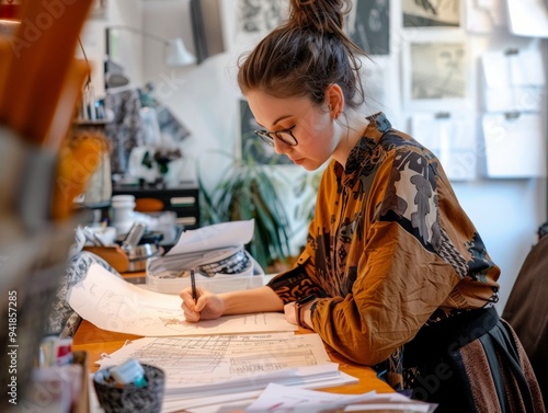 Young woman working intently on design sketches in a cozy, creatively cluttered studio filled with papers and plants during daylight hours