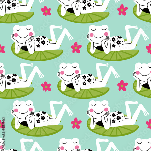 Frogs DayDreaming on Lily Pads Vector Seamless Pattern