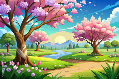Blissful Spring Meadow Sunlit Trees and Blue Sky