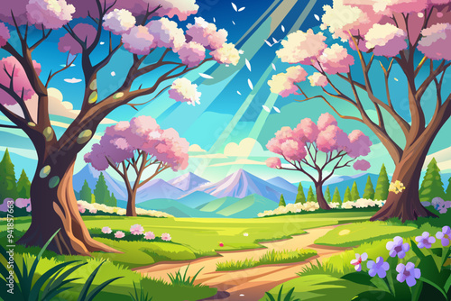 Blissful Spring Meadow Sunlit Trees and Blue Sky