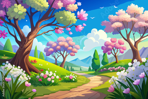 Blissful Spring Meadow Sunlit Trees and Blue Sky