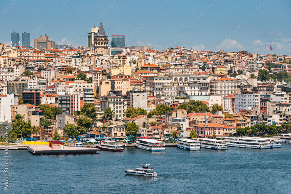 Fototapeta premium A panoramic view of Istanbul, showcasing the historic Galata Tower with the Bosphorus and city skyline in the background, bridging Europe and Asia.