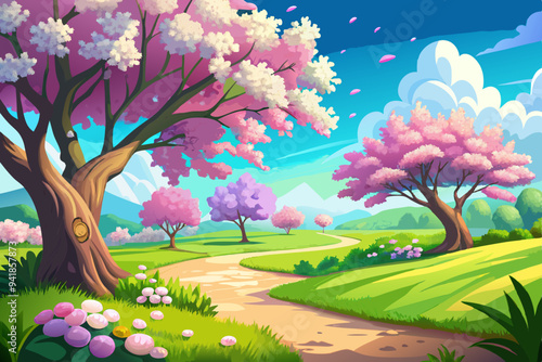 Blissful Spring Meadow Sunlit Trees and Blue Sky