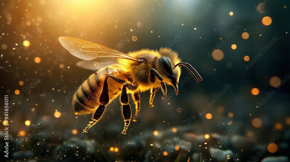 Naklejka premium A bee is flying in the air with its wings spread out