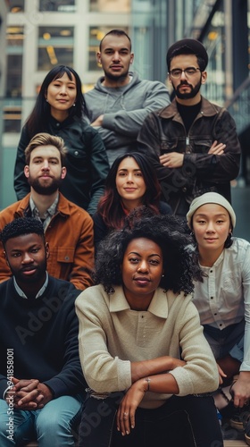 A diverse group of adults stand close together, posing outdoors against a modern urban backdrop, showcasing distinct fashion styles.