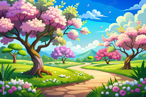 Blissful Spring Meadow Sunlit Trees and Blue Sky