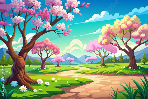 Blissful Spring Meadow Sunlit Trees and Blue Sky