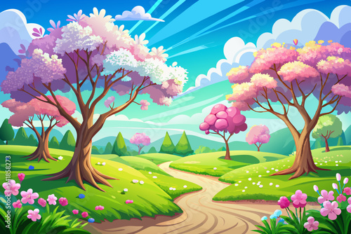 Blissful Spring Meadow Sunlit Trees and Blue Sky