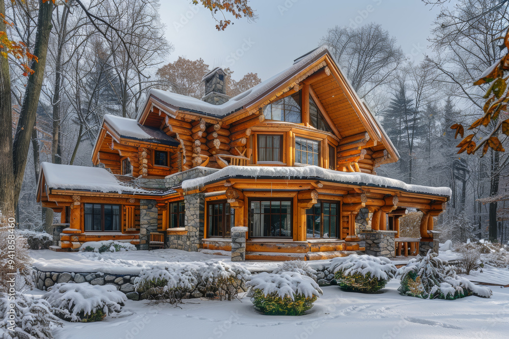 Quirky house made of wooden logs. Winter landscape. Quirky house made of wooden logs. Winter landscape.