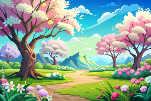Blissful Spring Meadow Sunlit Trees and Blue Sky