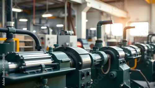 An engaging shot of industrial machines engaged in high-speed production, showcasing advanced technology and precision in a bustling factory environment.