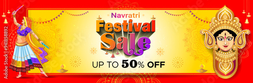 Navratri Festive dandiya Durga Puja sale offer 50% off, shopping deals discount concept. Web banner poster, header vector illustration.