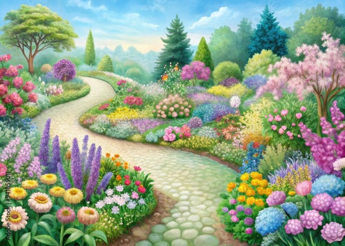 Pastel Paradise Flower Garden Map: Serene pastel garden with vibrant flowers and a detailed map showcasing its winding paths and hidden nooks.