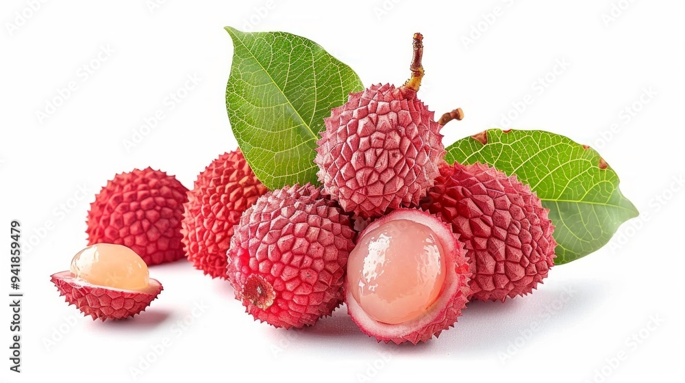 Lychee with leaves isolated on white background Lychee with leaves isolated on white background