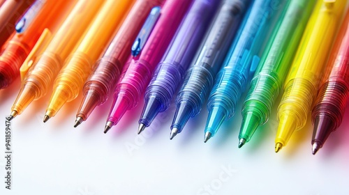 Detailed shot of a rainbow of colored pens laid out on a white surface, showing their different colors and tips