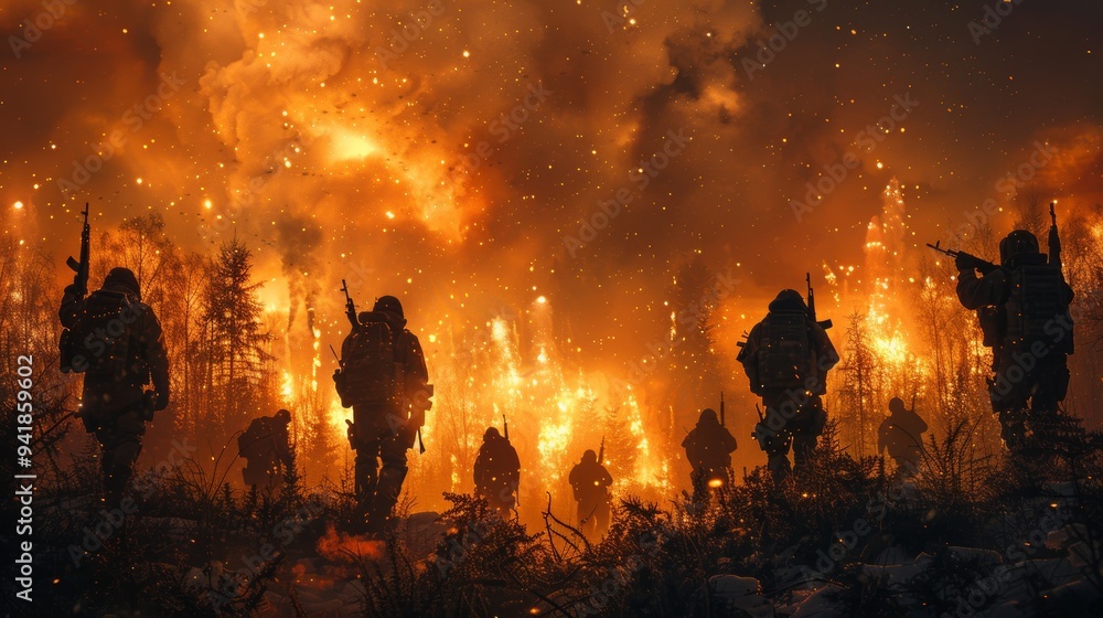 A group of armed soldiers move through a blazing forest, surrounded by fire and thick smoke, creating a dramatic scene. A group of armed soldiers move through a blazing forest, surrounded by fire and thick smoke, creating a dramatic scene.