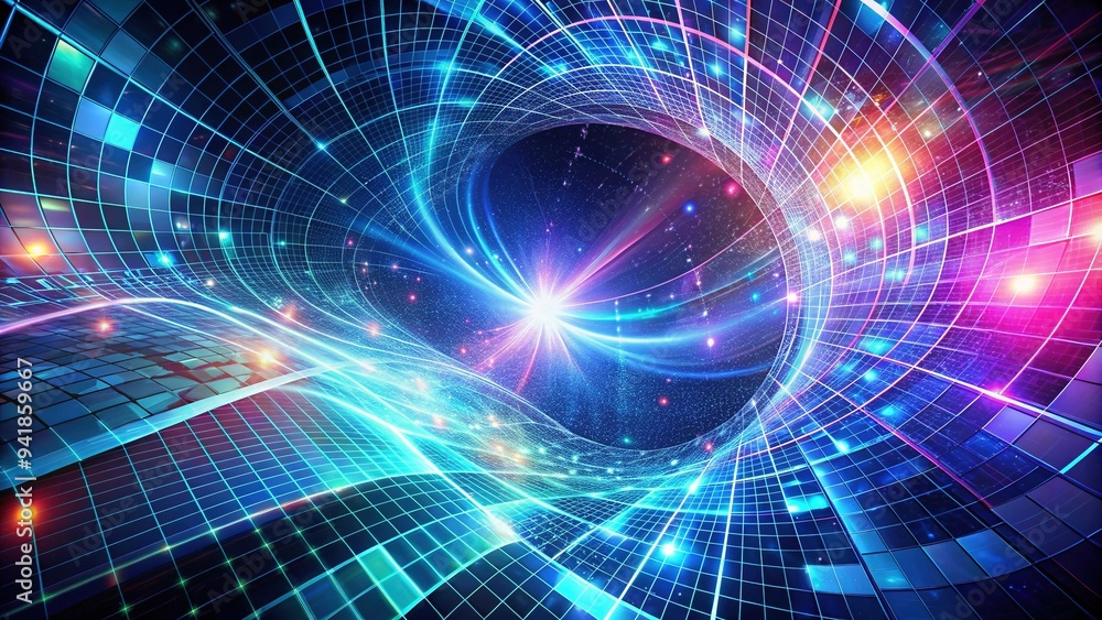 Abstract futuristic digital media background with glowing neon grids, swirling vortex patterns, and shimmering light waves, evoking a sense of futuristic technology and innovation. Abstract futuristic digital media background with glowing neon grids, swirling vortex patterns, and shimmering light waves, evoking a sense of futuristic technology and innovation.