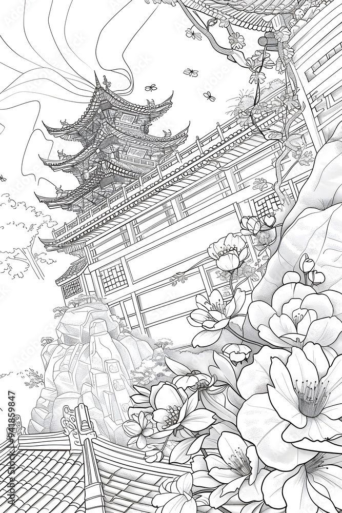 Hand Drawn Sketch Line Art Draft that showcases of Misty Japanese Temple and Garden and Chinese Temple with Cherry Blossoms at Riverside in the Morning Hand Drawn Sketch Line Art Draft that showcases of Misty Japanese Temple and Garden and Chinese Temple with Cherry Blossoms at Riverside in the Morning