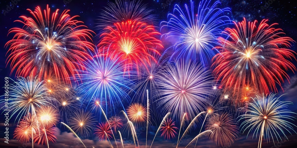 Patriotic Fireworks Extravaganza: Bold Red White Blue Sparks Explosion Night Sky Patriotic Fireworks Extravaganza: Bold Red White Blue Sparks Explosion Night Sky