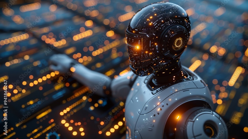 Fototapeta premium A futuristic robot with glowing features interacts with a vibrant, tech-inspired backdrop in a dimly lit setting. Generative AI