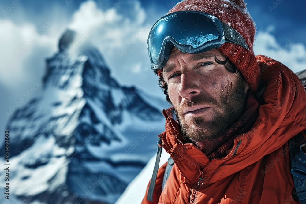 Portrait of climber reaches the top of mountain peak Portrait of climber reaches the top of mountain peak