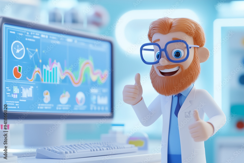 Illustrator a happy bussiness man with thick glasses giving a thumbs up in front of a computer screen showing graphs. Illustrator a happy bussiness man with thick glasses giving a thumbs up in front of a computer screen showing graphs.