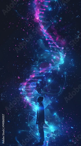 A stunning digital artwork featuring the silhouette of a person standing beneath a glowing DNA helix, set against a cosmic and starry backdrop, symbolizing life and science.