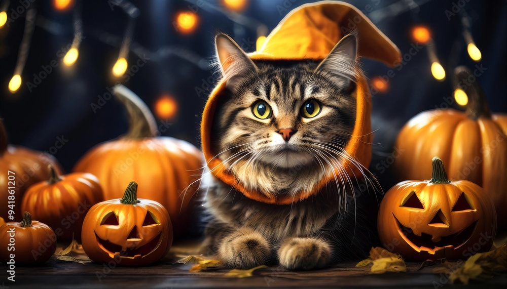 Halloween cat with pumpkin on black background. cat in Halloween costume with pumpkins. Halloween cat with pumpkin on black background. cat in Halloween costume with pumpkins.