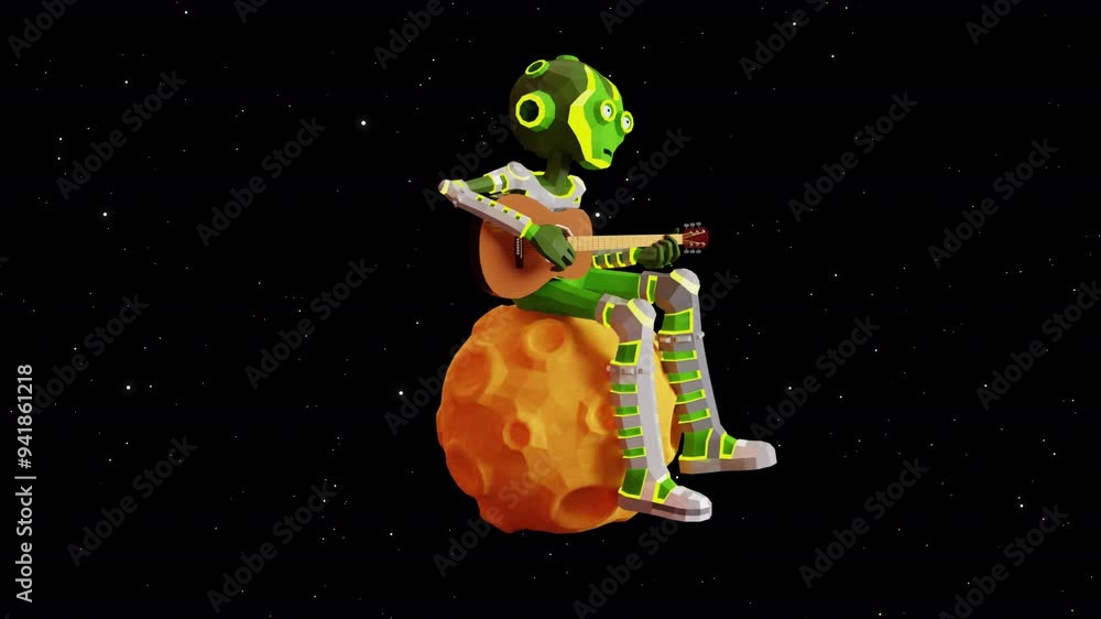 Alien musician serenades from a small asteroid in outer space. Green ...